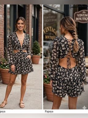Papaya Boho Cutout Floral Romper Ruffle Long Sleeve Back Lace Up V Neck Size L